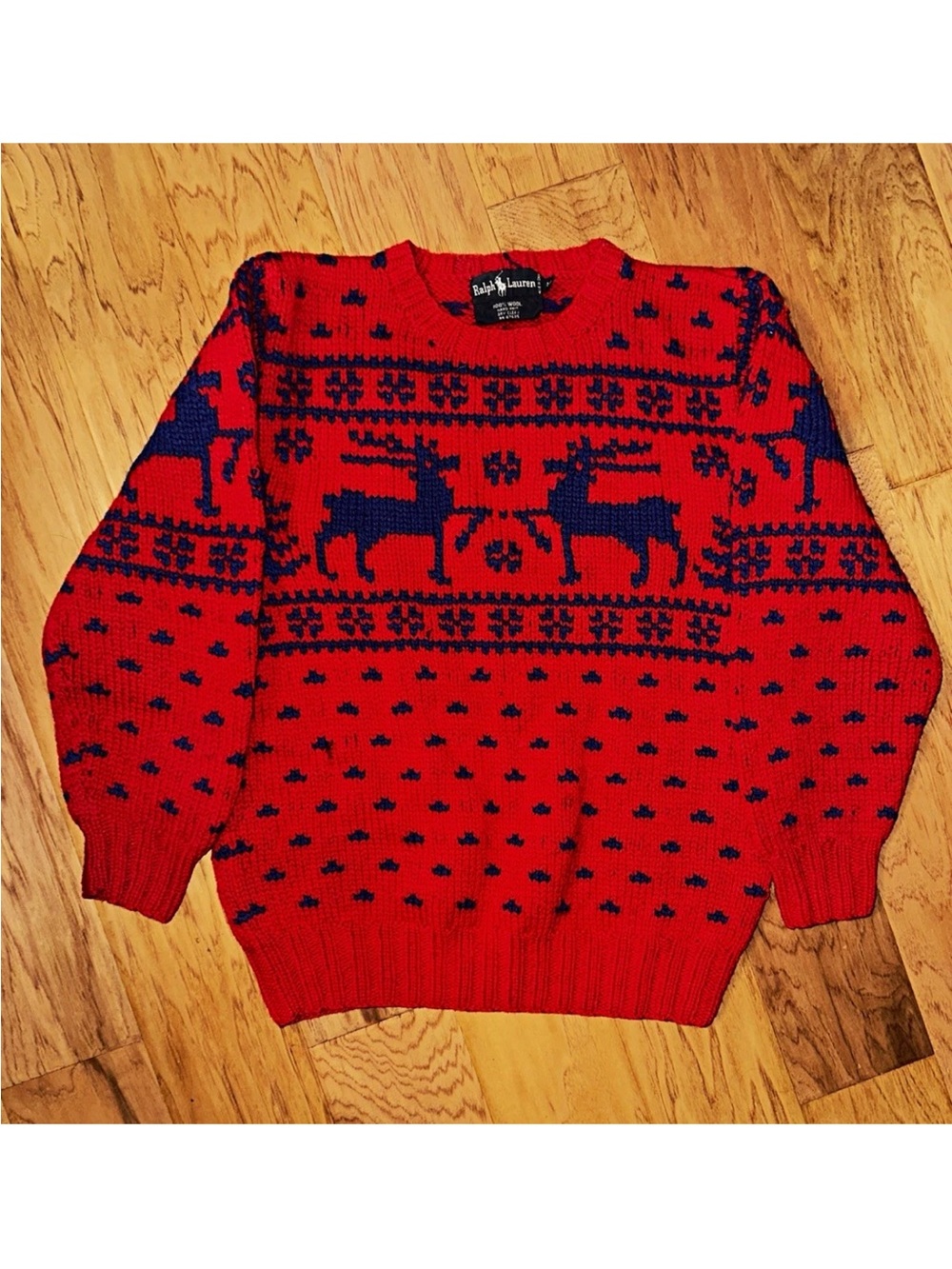 Ralph Lauren Red Crewneck Reindeer Knit Sweater with Navy Motif